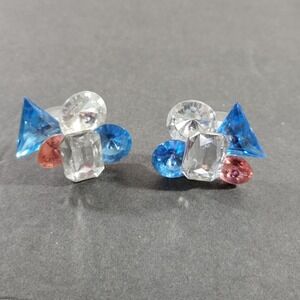 Vintge Faux Crystal Earrigns Post Clear Blue Pink Large Gaudy Sparkly 1.25"